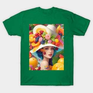 А woman with a white hat and some colorful fruity T-Shirt